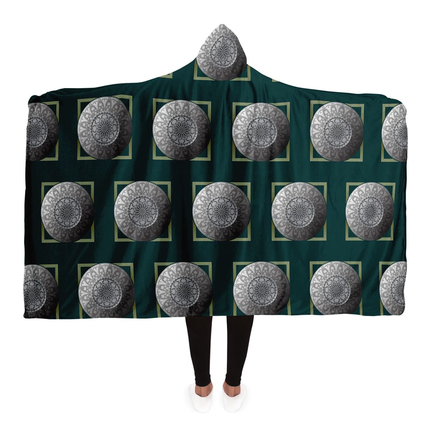 Hooded Blanket - AOP Mandala No 22 Silver on Dark Green