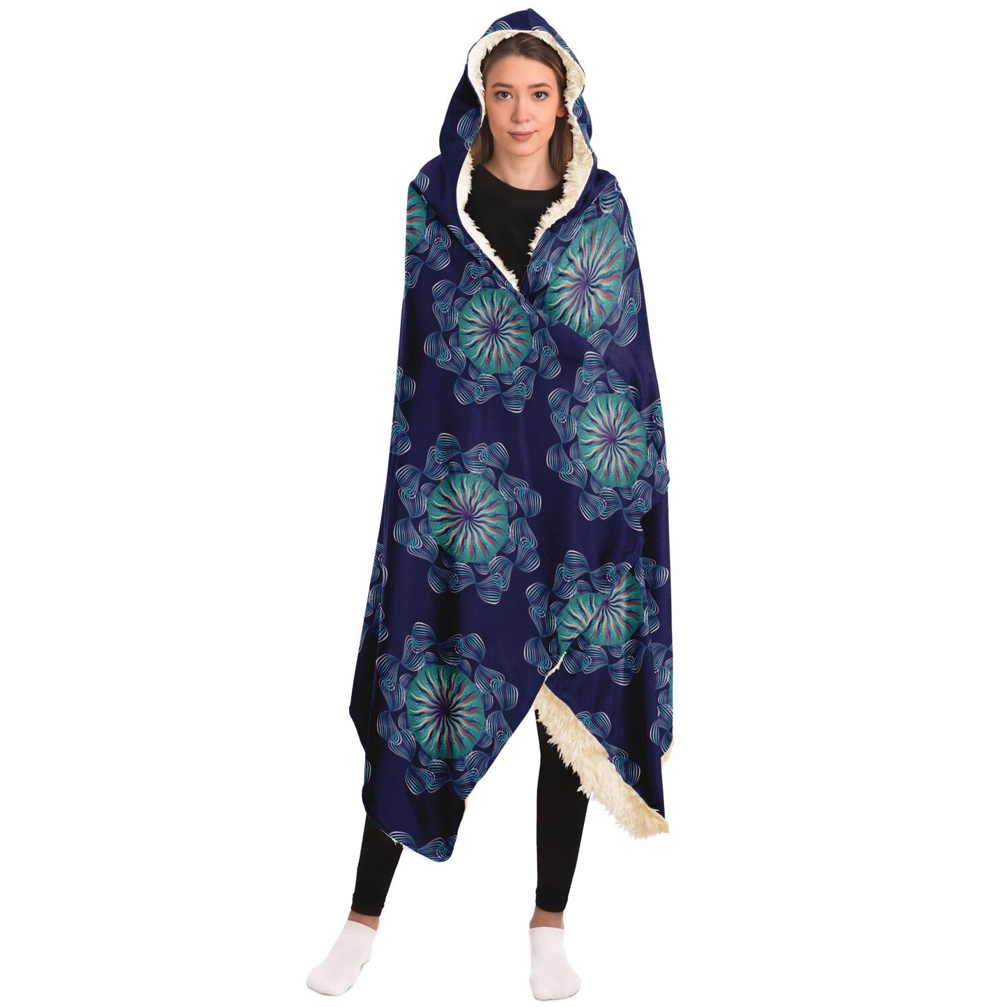 Hooded Blanket - AOP Kukloso Abstractical No 29 Aqua Mandala on Navy - Free Shipping