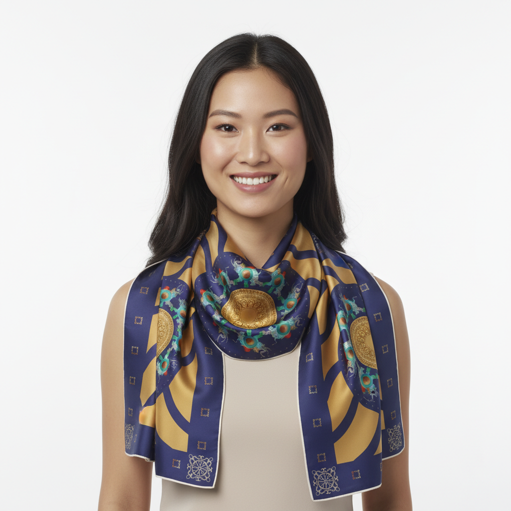 100% Silk Charmeuse Square Scarf Ganesha Gold Aqua Blue Mandala No 1