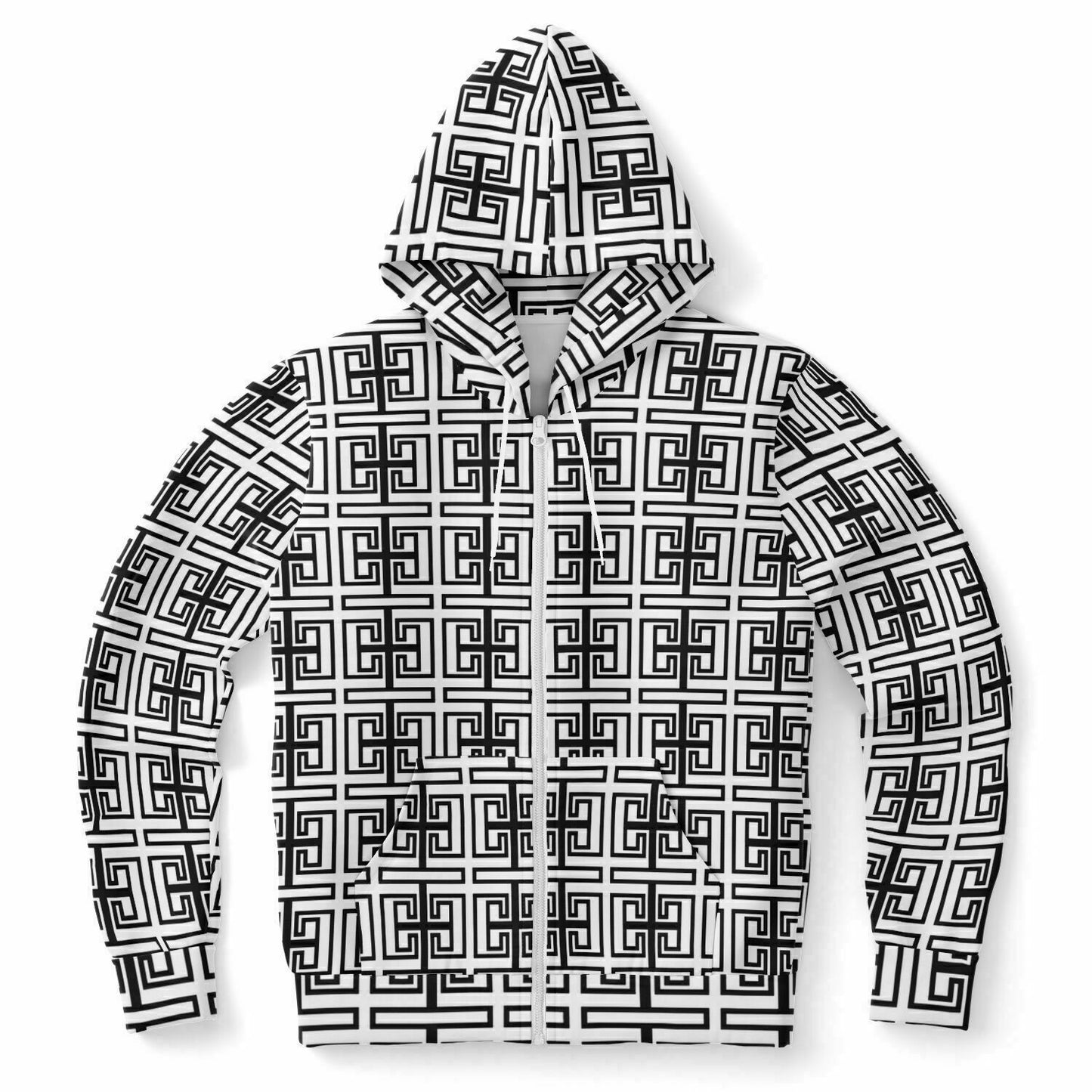 Fashion Zip-Up Hoodie - AOP Kukloso Greek Border No 3 Black & White - Free Shipping