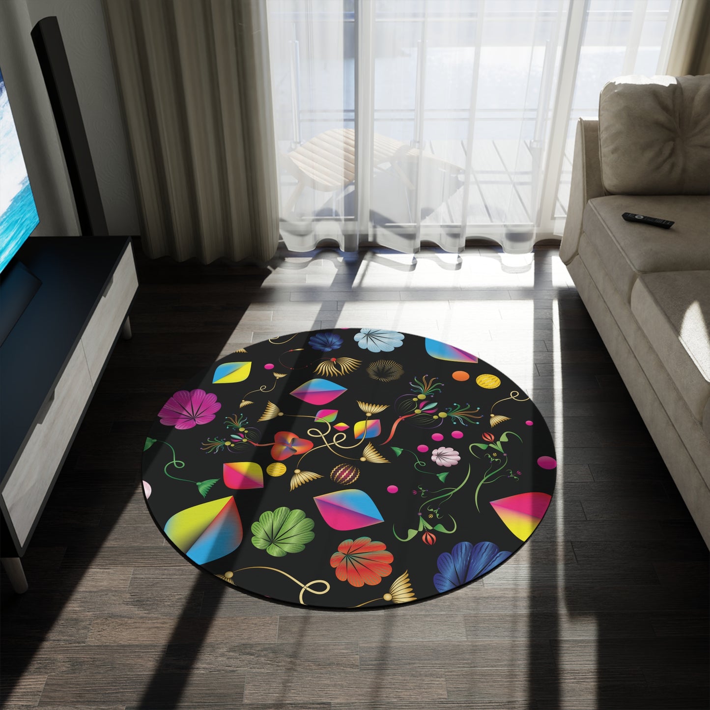 Round Rug Kukloso Abstractical No 24 Playful shapes on Black Free Shipping