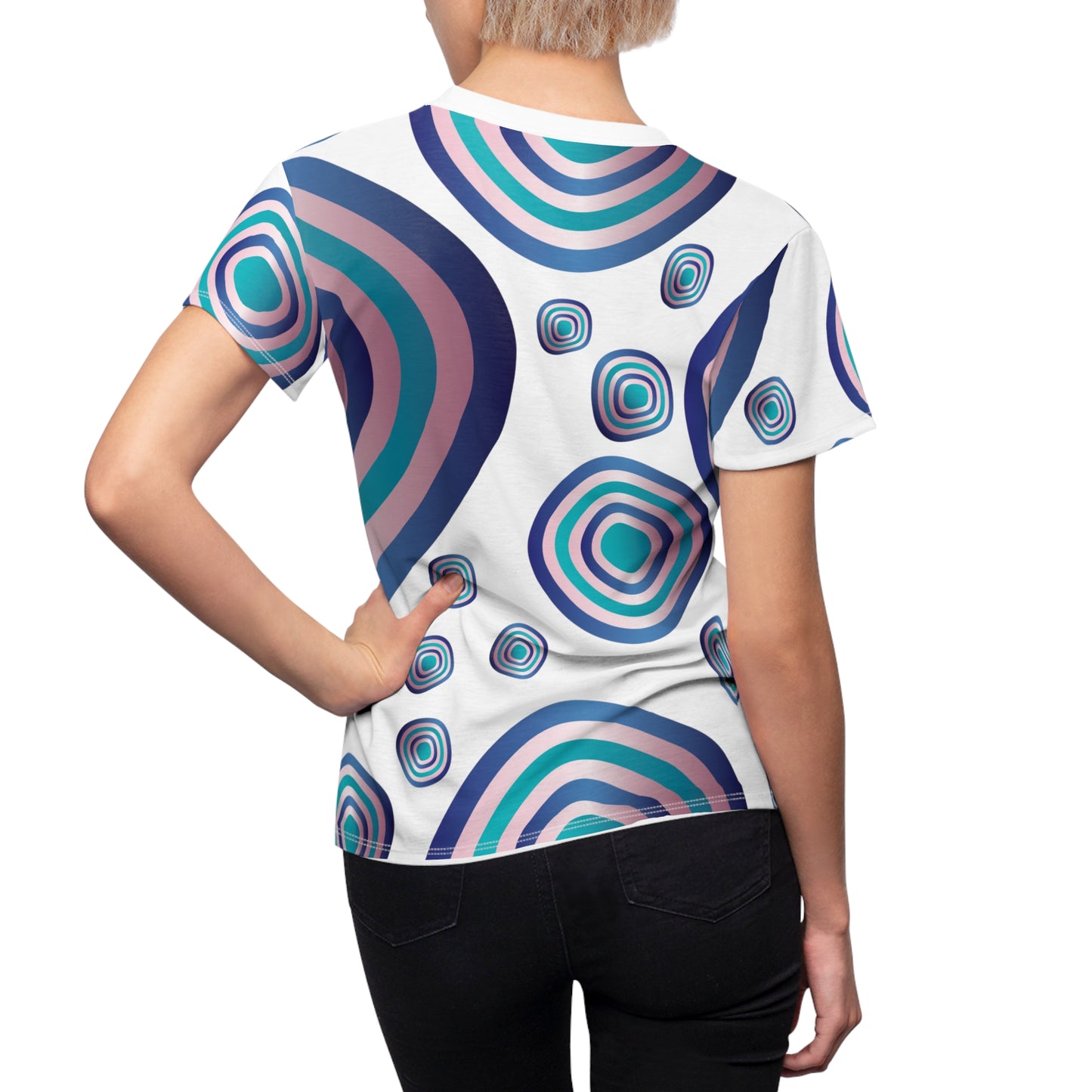 Women's Cut & Sew Tee (AOP) Kukloso Abstractical No 96 Aqua, Pink & Navy Circles - Free Shipping