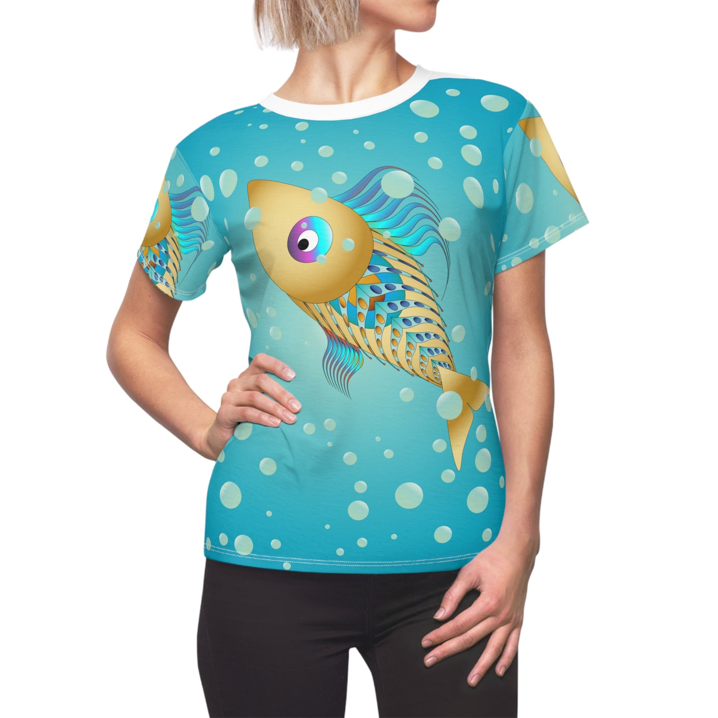 Women's Cut & Sew Tee (AOP) Kukloso Aqua Fish Abstract - Free Shipping