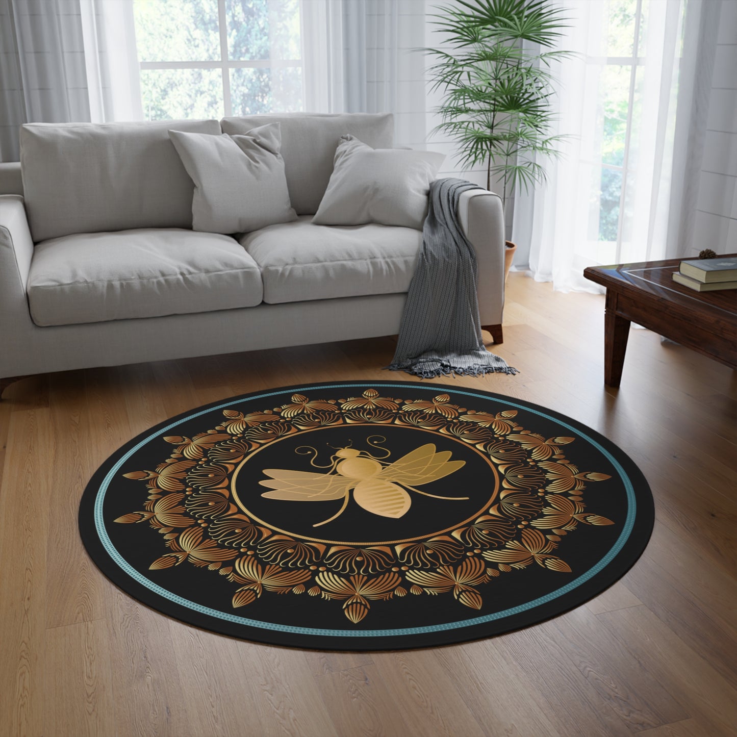 Round Rug Kukloso 4391-A  Mandala Queen Bee Gold on Black Free Shipping