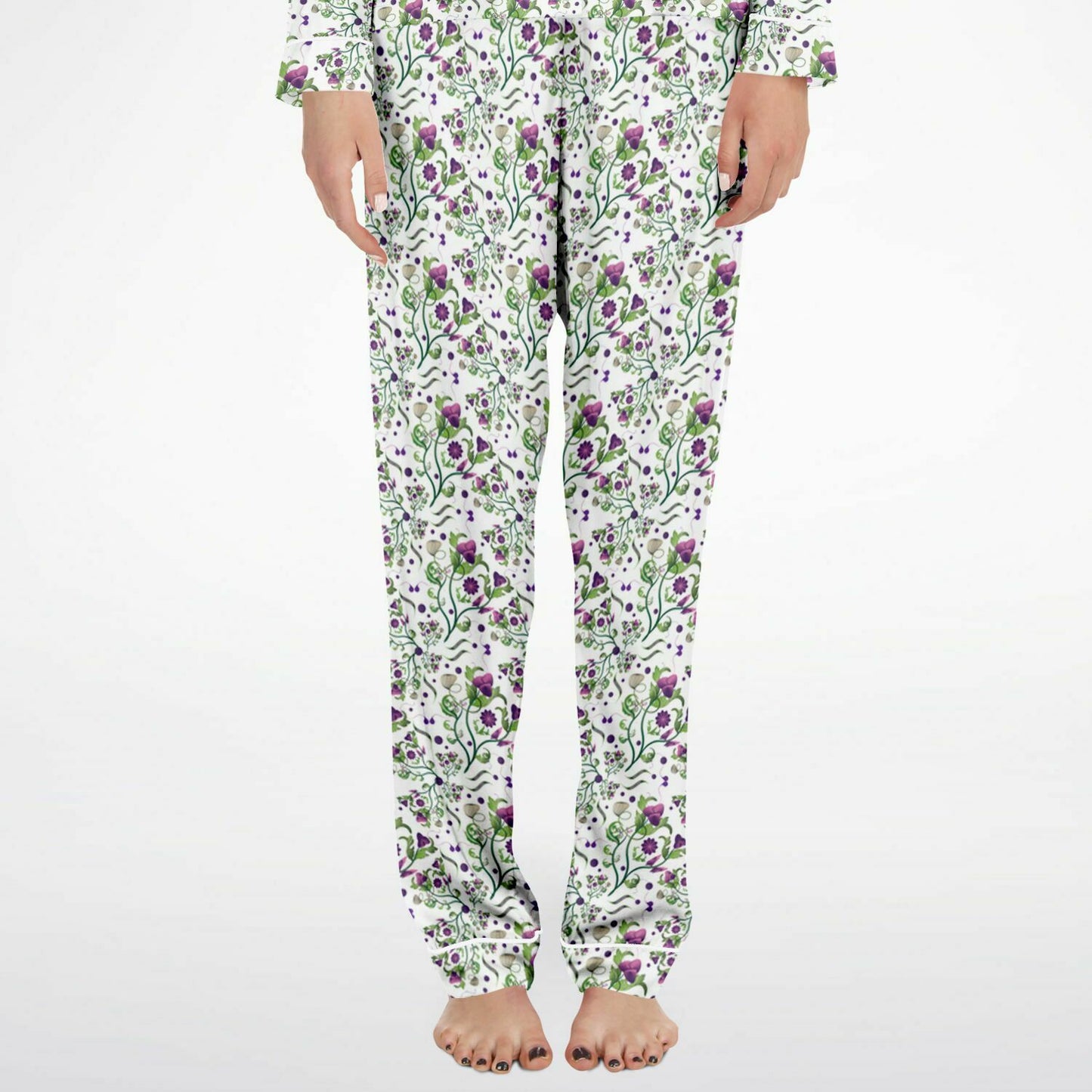 Women's Satin Pajamas AOP Kukloso Melange de fleur No 7 Multicolored Green & Violet flowers on White - Free Shipping