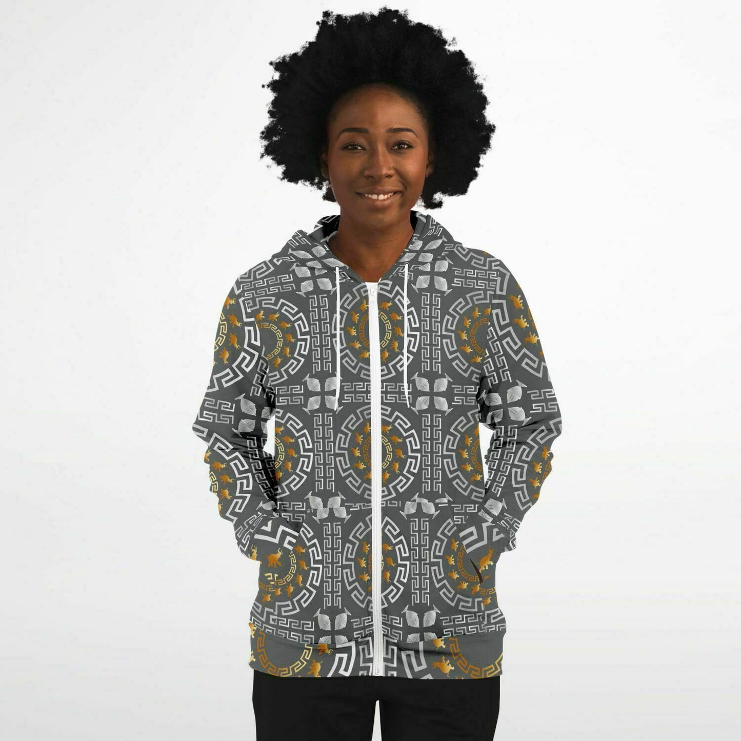 Fashion Zip-Up Hoodie - AOP Kukloso Greek Border with Elephant  No 40 Silver & Gold on Gray - Free Shipping