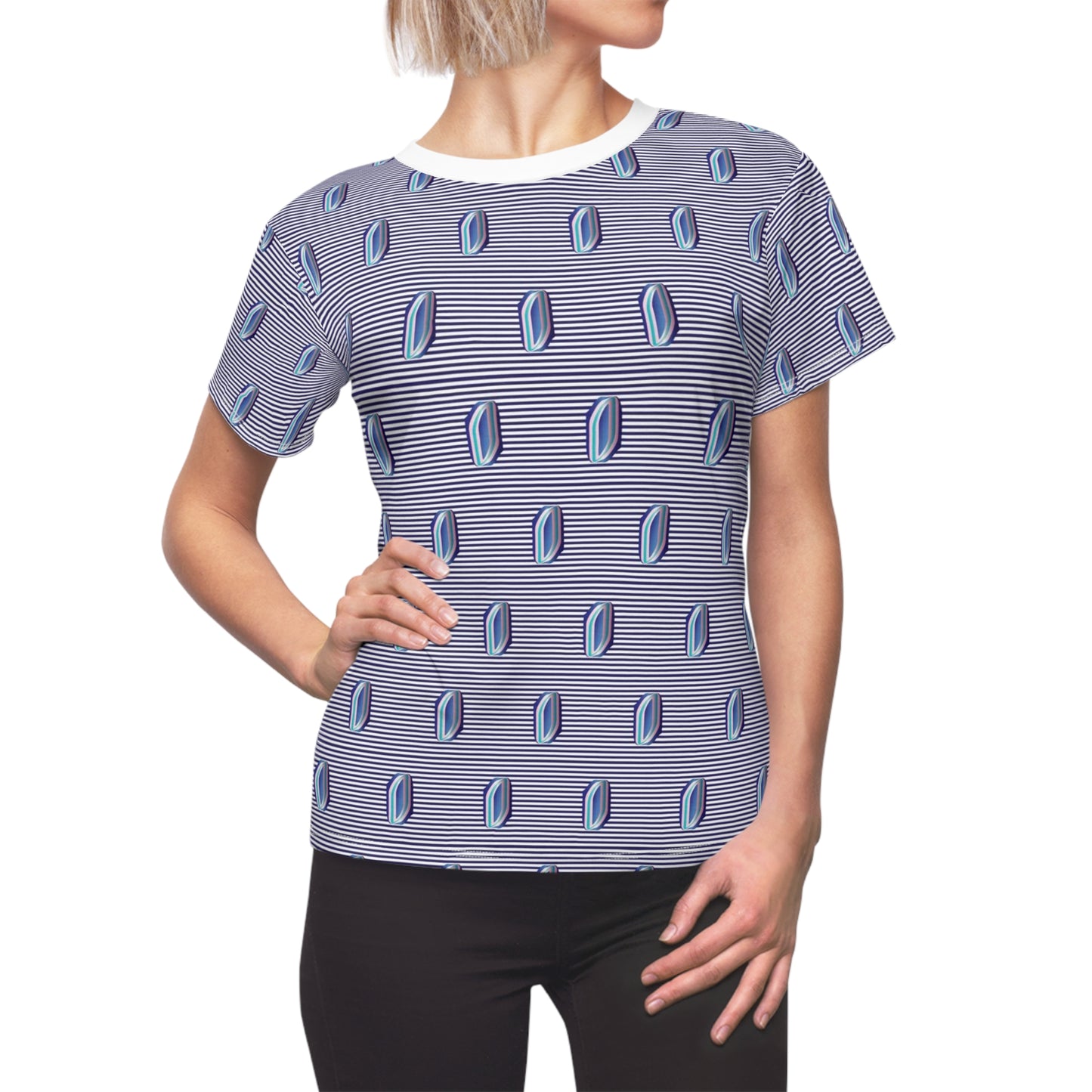 Women's Cut & Sew Tee (AOP) Kukloso Whimsical No 57 Pink & Navy Shapes on Navy Lines - Free Shipping