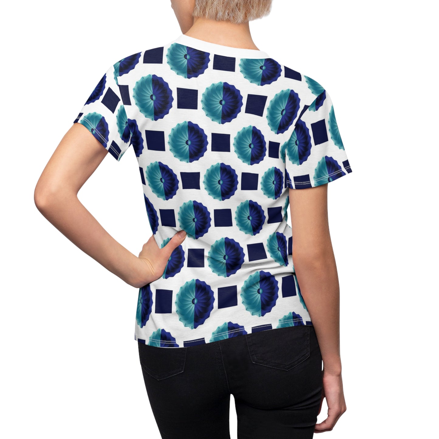 Women's Cut & Sew Tee (AOP) Kukloso AG No 29 Navy & Aqua Shapes on White - Free Shipping