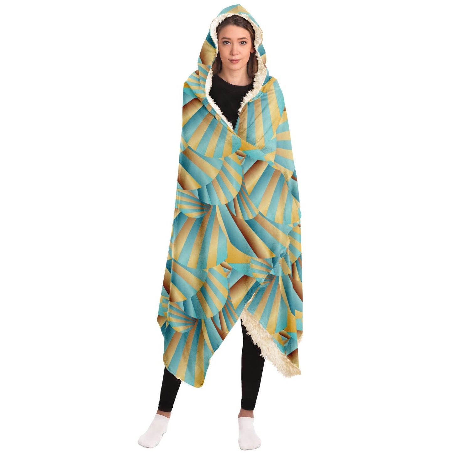 Hooded Blanket - AOP Kukloso Abstractical No 269 Aqua, Gold Shapes - Free Shipping