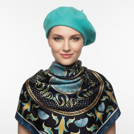 100% Silk Charmeuse Square Scarf Modern Mandala Aqua Gold No 5