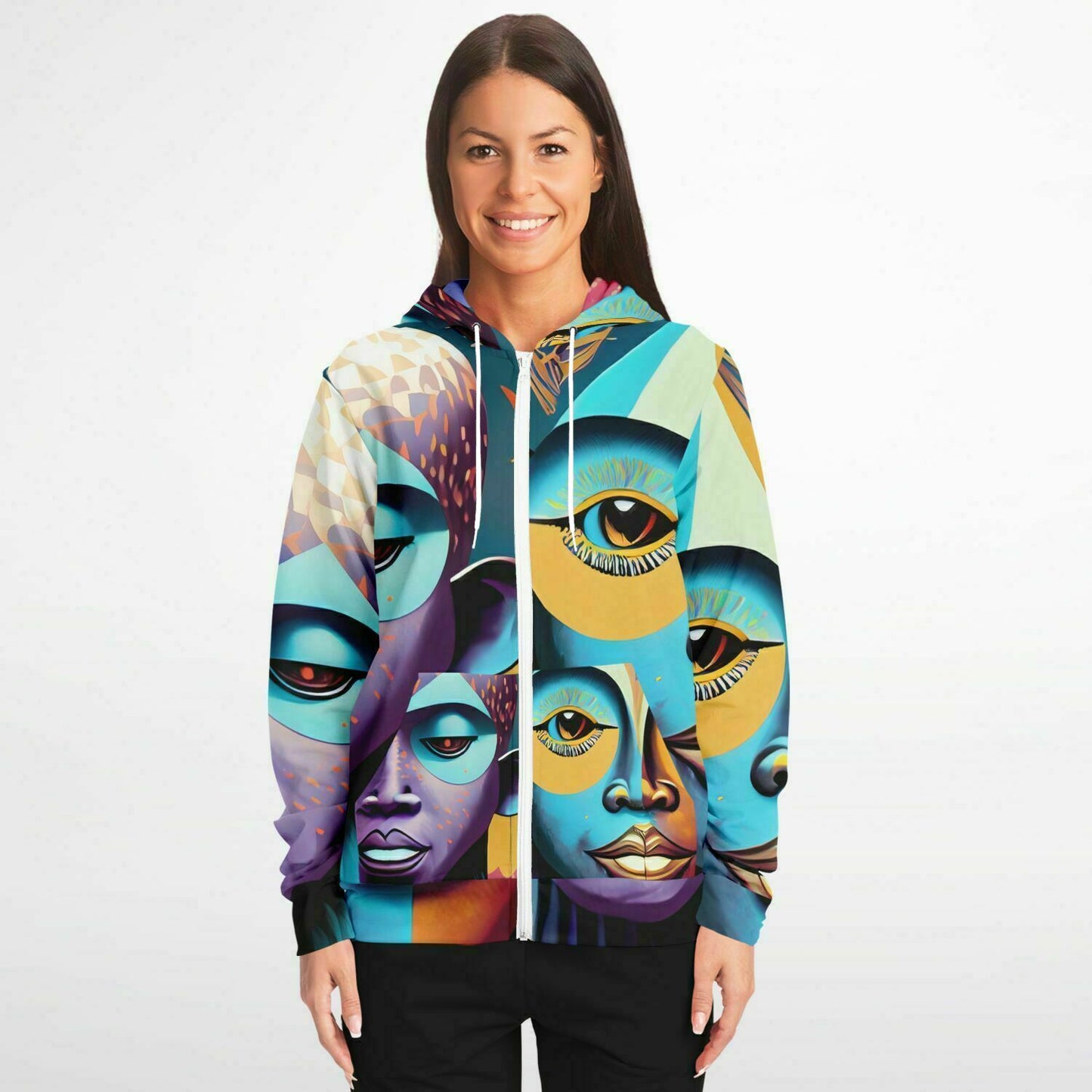 Fashion Zip-Up Hoodie - AOP Kukloso Cubist Faces No 2 Multicolored - Free Shipping