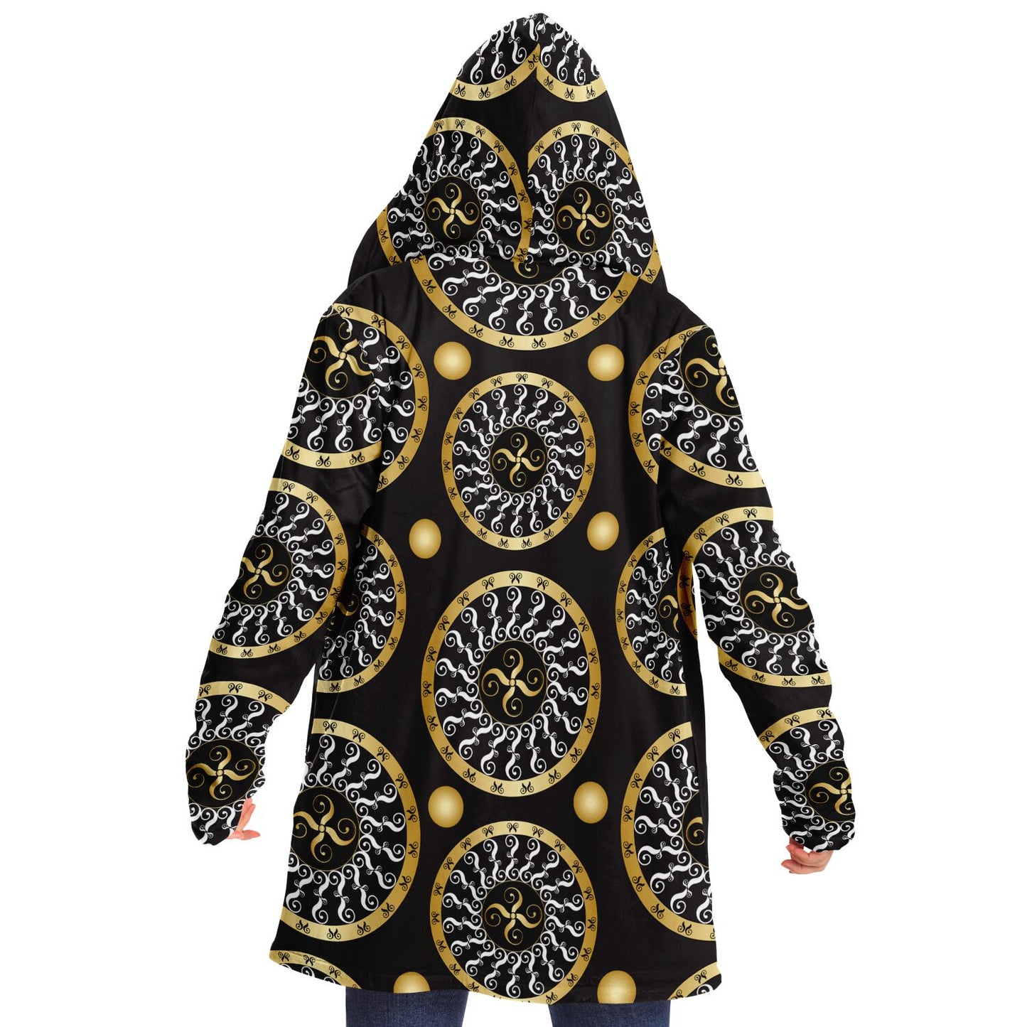 Microfleece Cloak - AOP  Kukloso Abstractical No 173 Gold & White Mandala on Black - Free Shipping