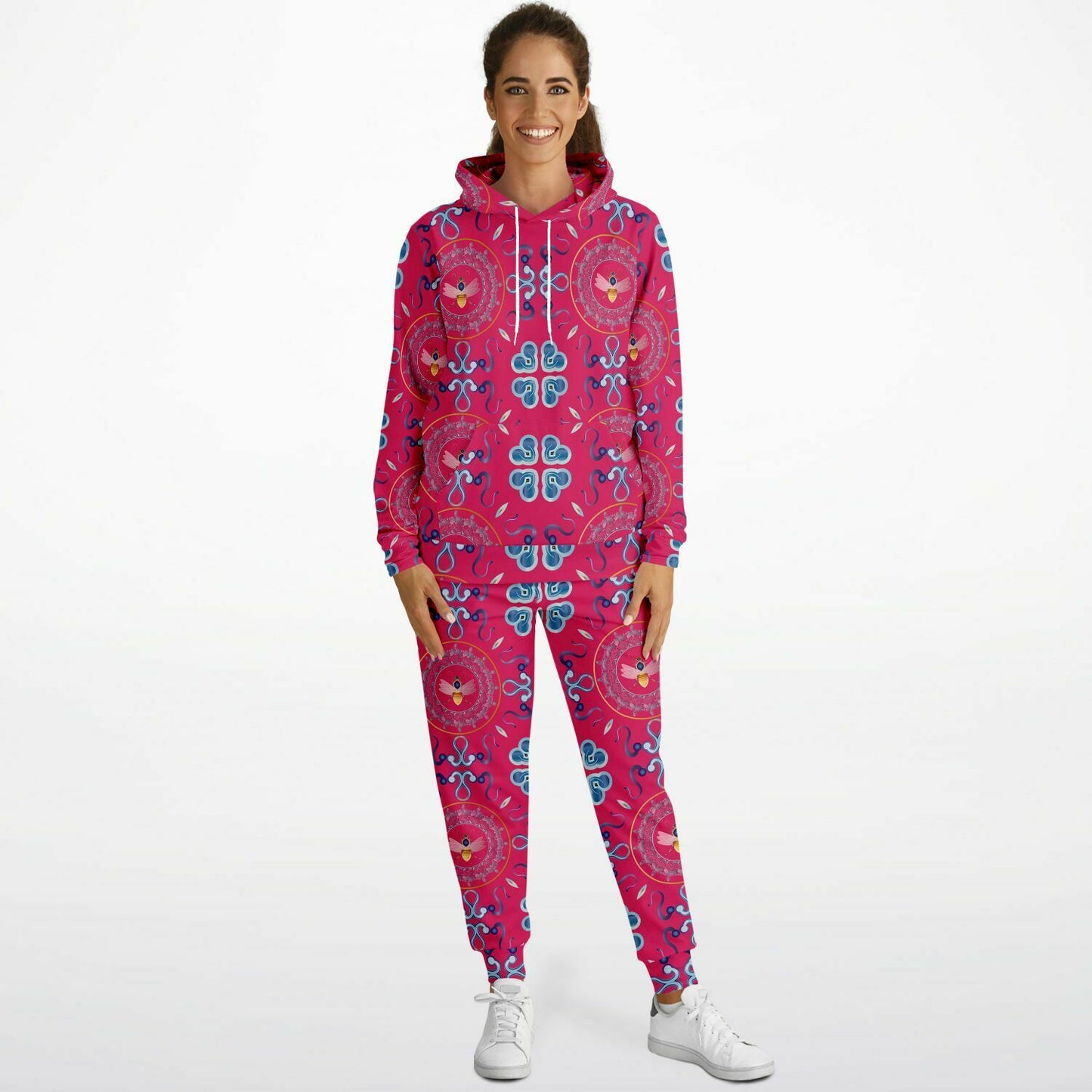 Athletic Hoodie & Jogger - AOP KUkloso No 154 Honey Bee Mandala Design Aqua-Magenta colors - Free Shipping