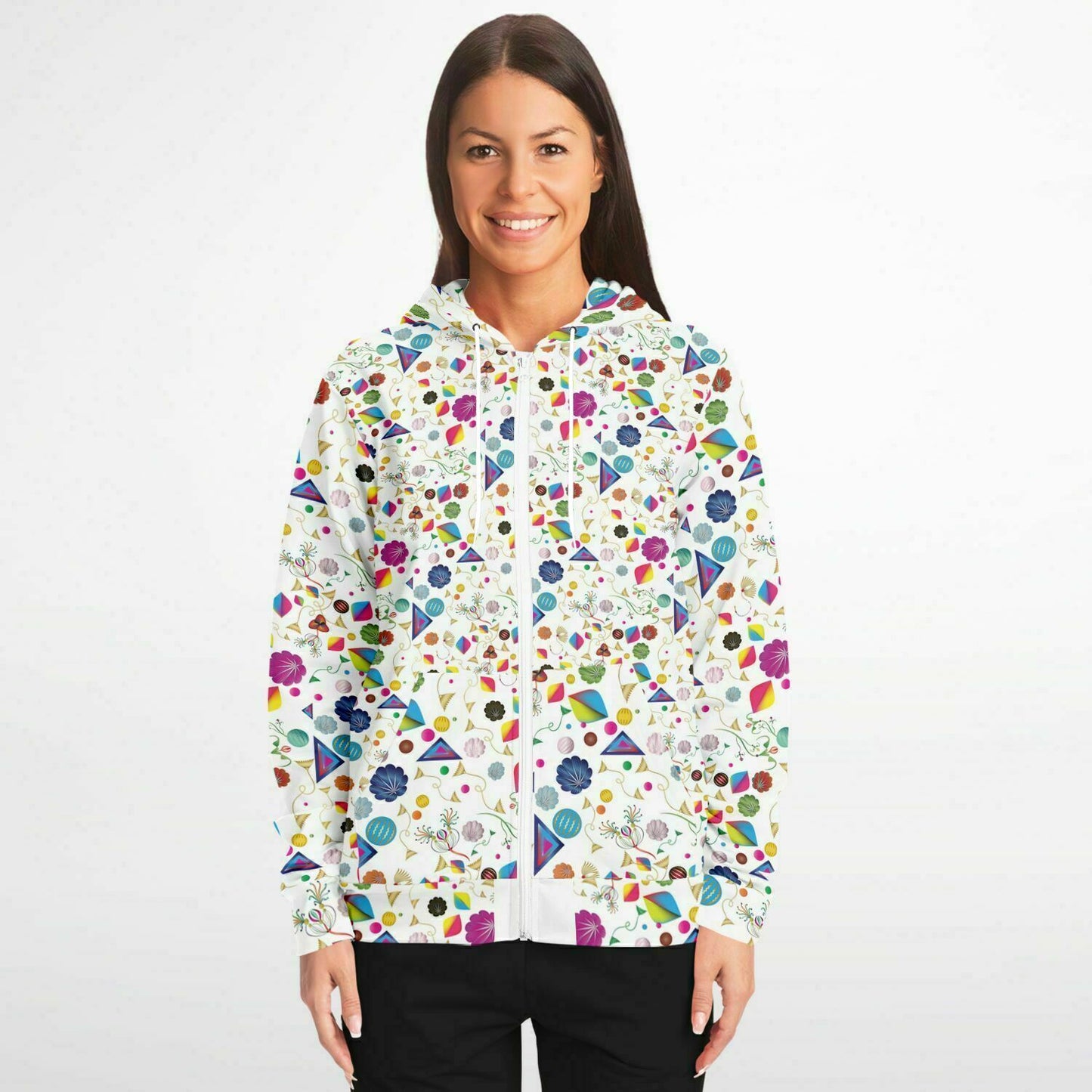 Fashion Zip-Up Hoodie - AOP Kukloso Abstractical No 24 Multicolored on White - Free Shipping