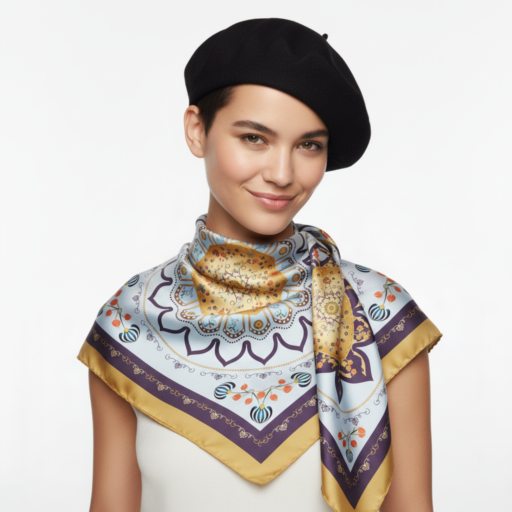 100% Silk Charmeuse Square Scarf Modern Mandala Aqua Gold No 2