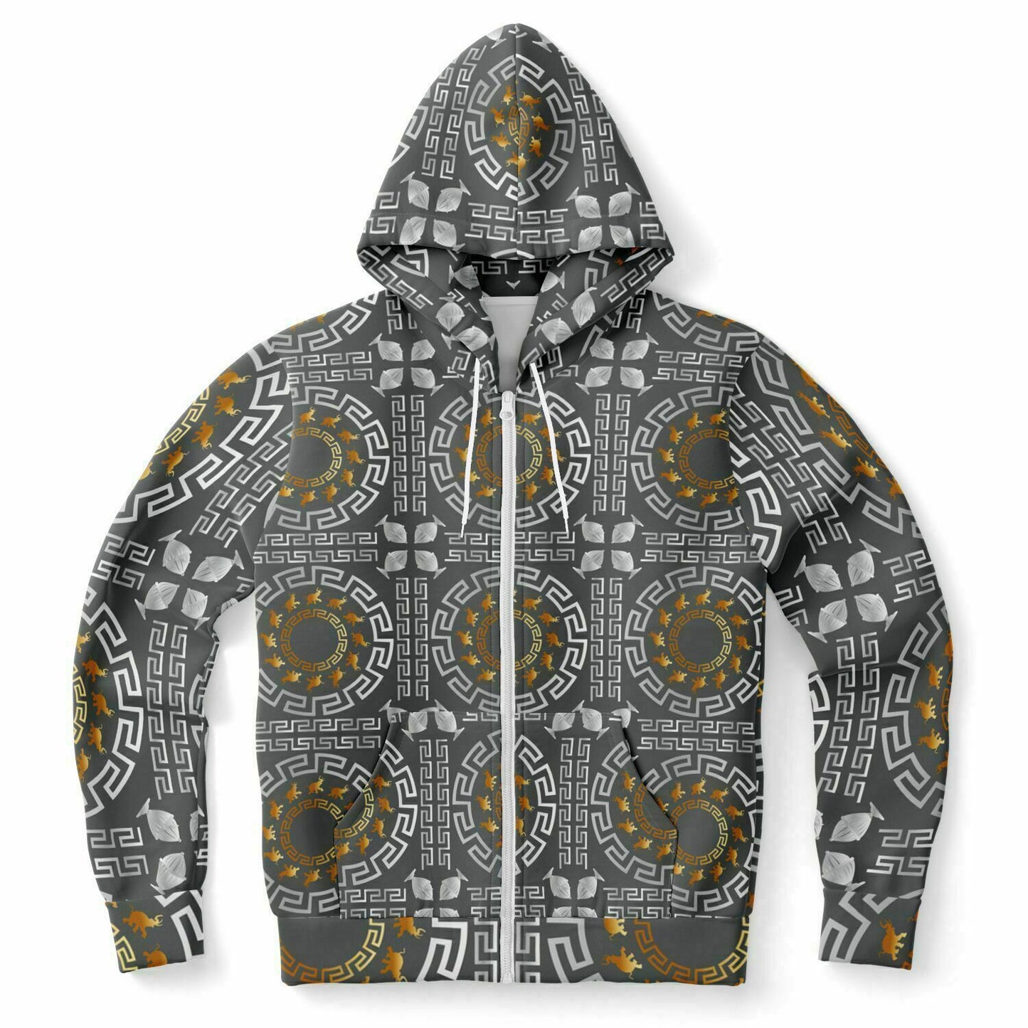 Fashion Zip-Up Hoodie - AOP Kukloso Greek Border with Elephant  No 40 Silver & Gold on Gray - Free Shipping