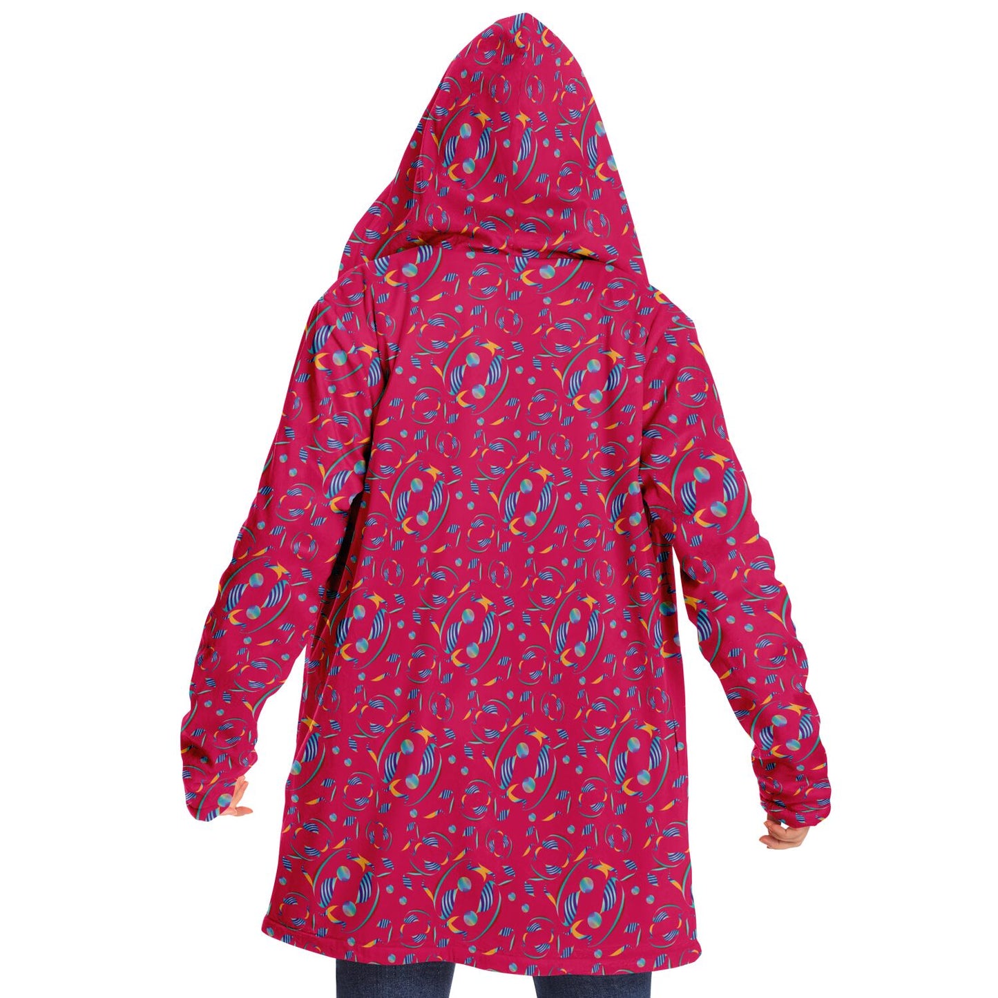 Microfleece Cloak - AOP  Kukloso Whimsical No 8  Abstract Aqua,Navy & Yellow shapes on Magenta bkgd. - Free Shipping