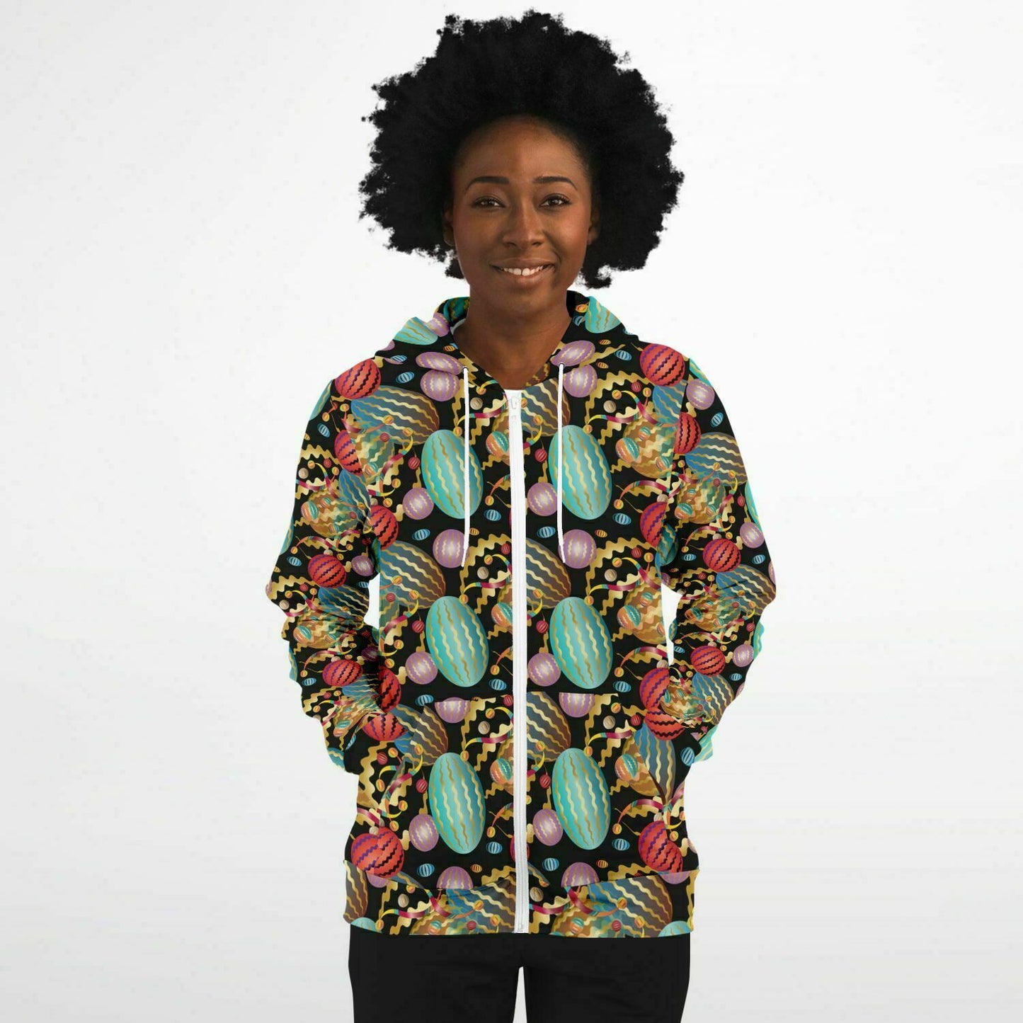 Fashion Zip-Up Hoodie - AOP Kukloso Whimsical No 20 Multicolored on White - Free Shipping