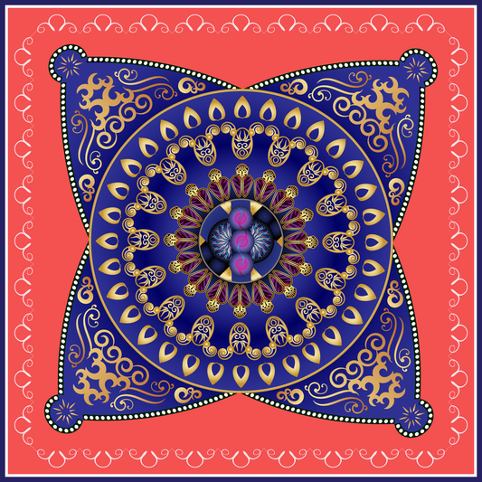 100% Silk Charmeuse Square Scarf Blue Mandala on Orange
