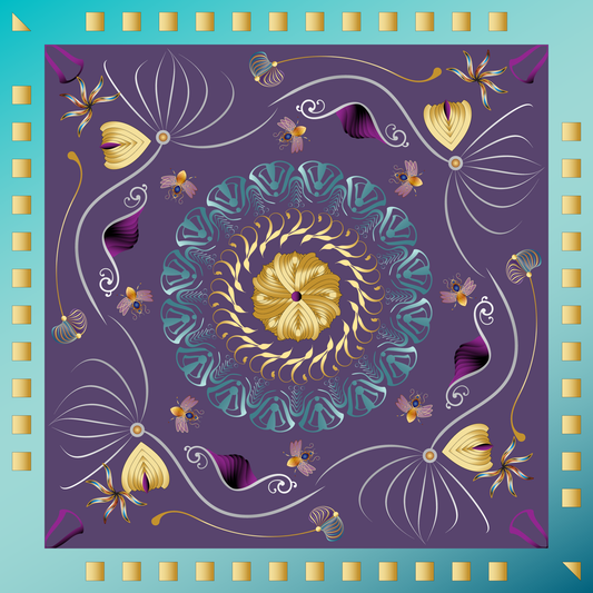 100% Silk Charmeuse Square Scarf Busy Bee Violet Mandala