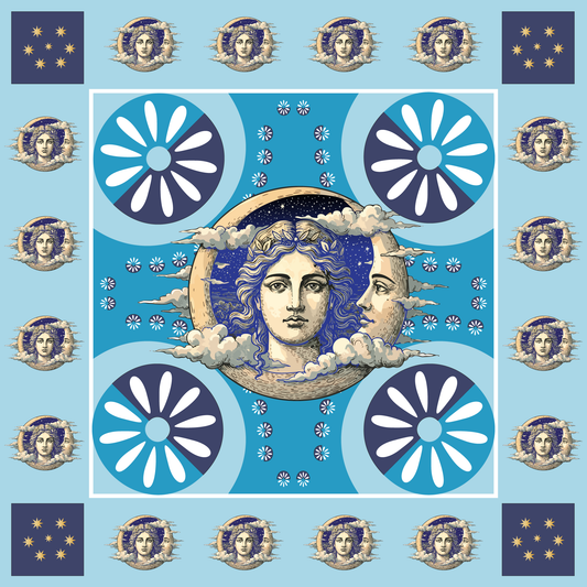 100% Silk Charmeuse Square Scarf Crescent Moon in Blue