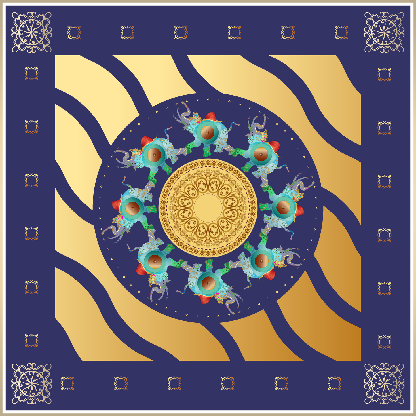 100% Silk Charmeuse Square Scarf Ganesha Gold Aqua Blue Mandala No 1