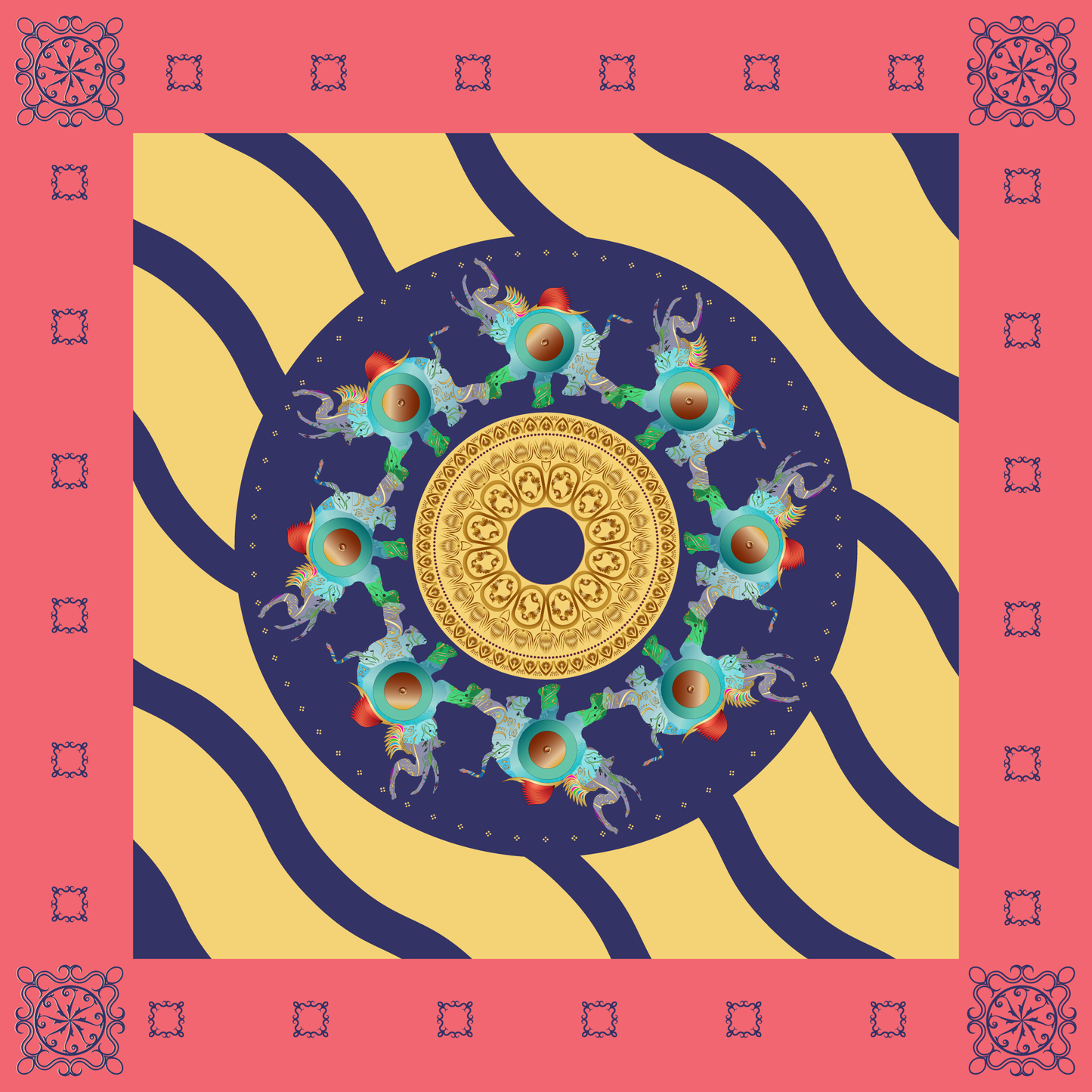 100% Silk Charmeuse Square Scarf Ganesha Gold Aqua Blue Mandala No 2