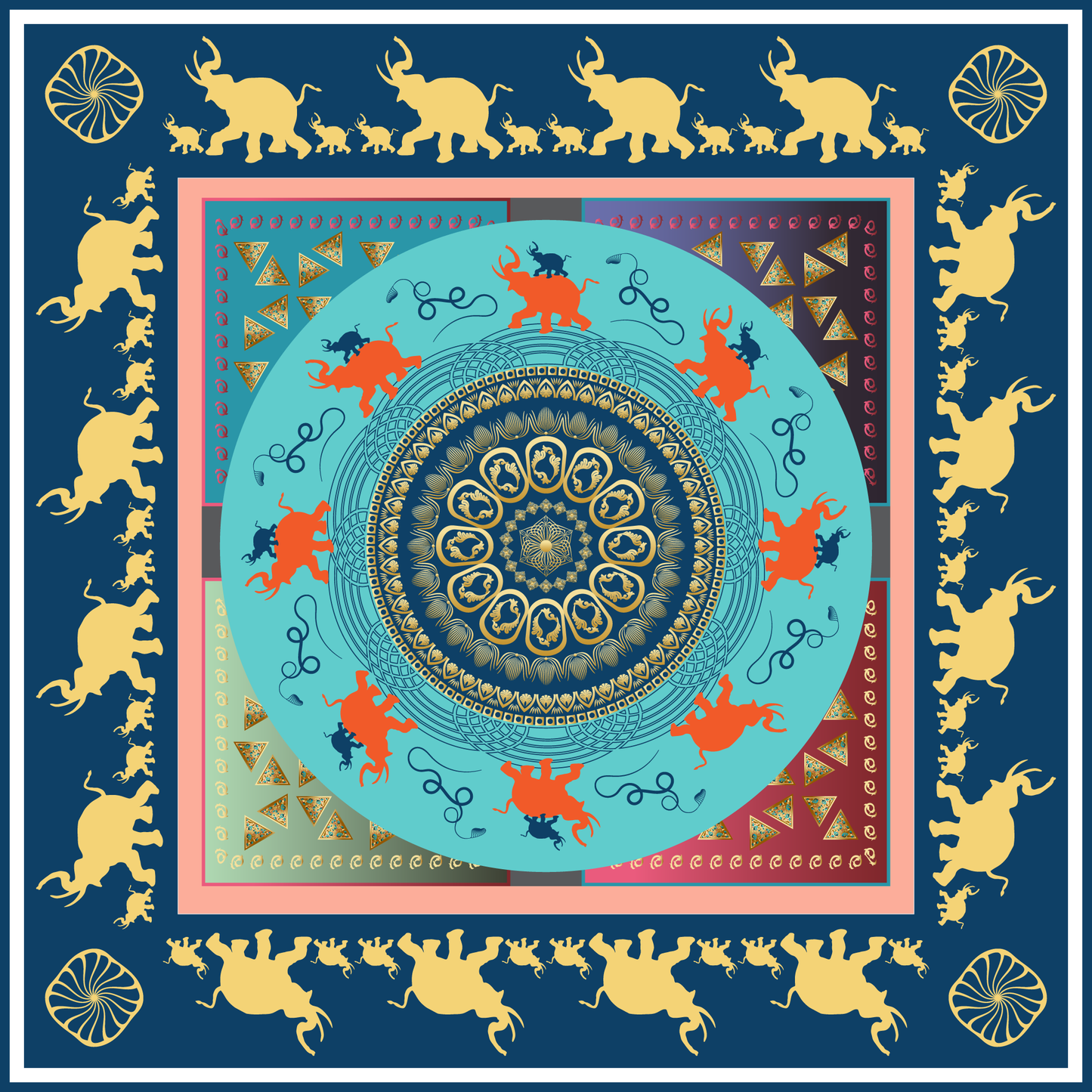 100% Silk Charmeuse Square Scarf Ganesha Gold Aqua Blue Mandala No 3