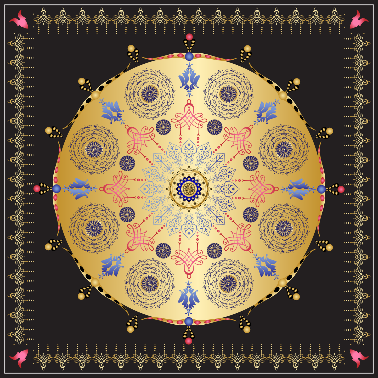 100% Silk Charmeuse Square Scarf Golden Mandala on Black