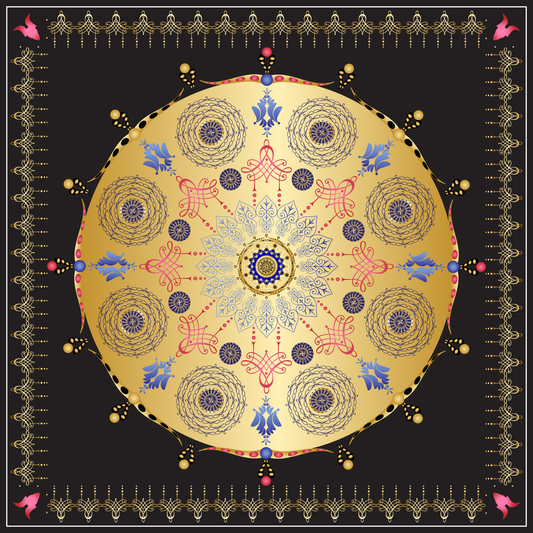 100% Silk Charmeuse Square Scarf Golden Mandala on Black