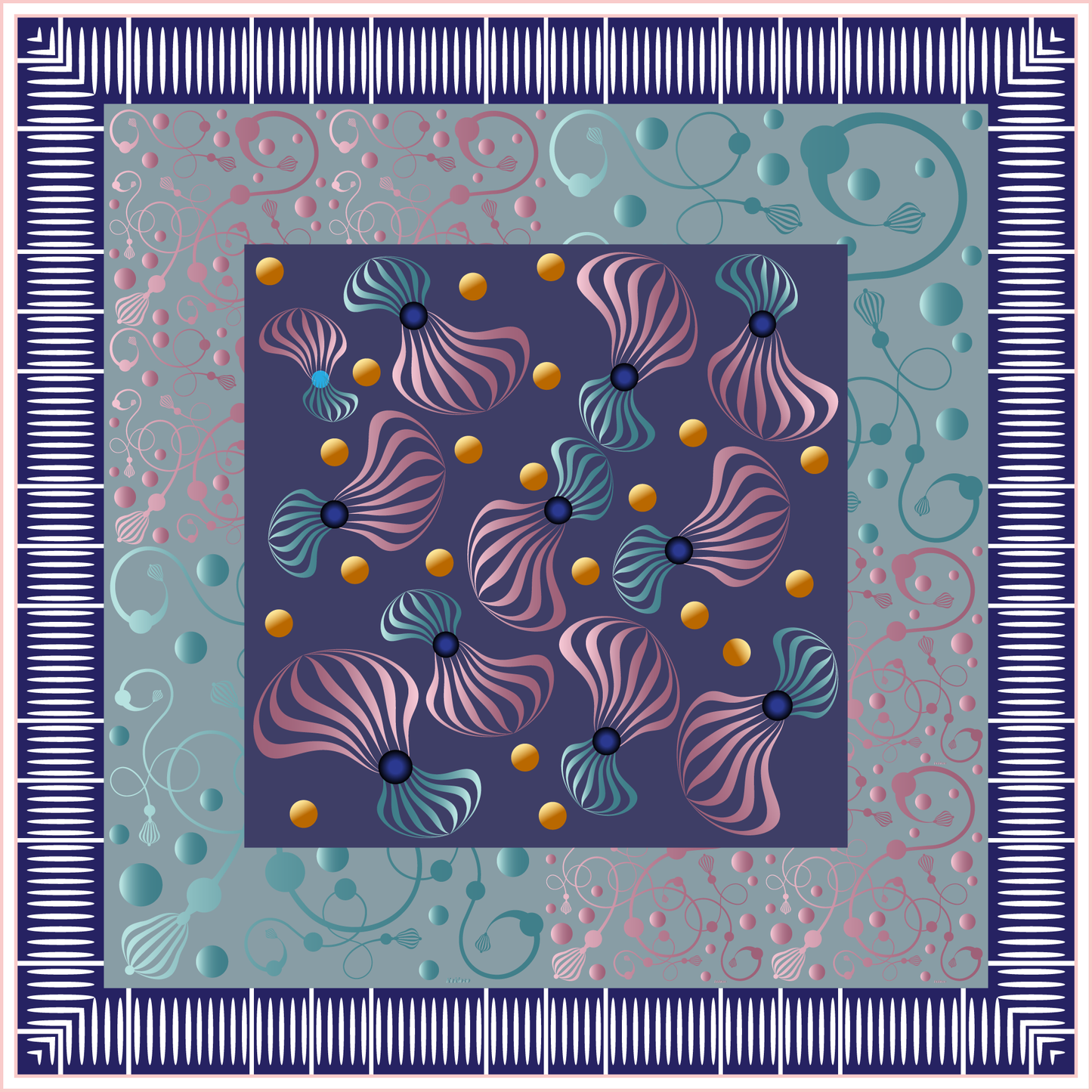 100% Silk Charmeuse Square Scarf Graphic Spirals Aqua and Pink