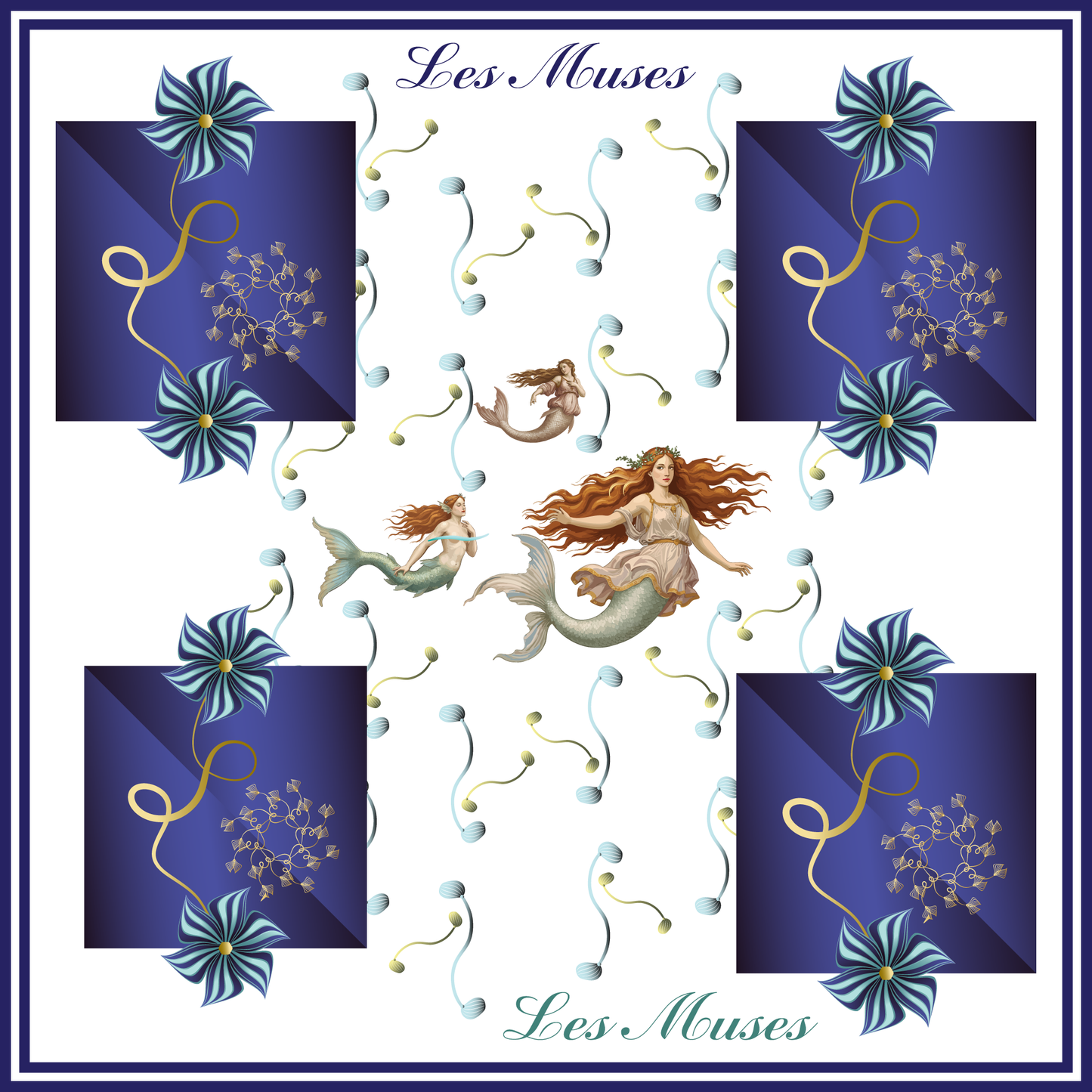 100% Silk Charmeuse Square Scarf Les Muses in Blue