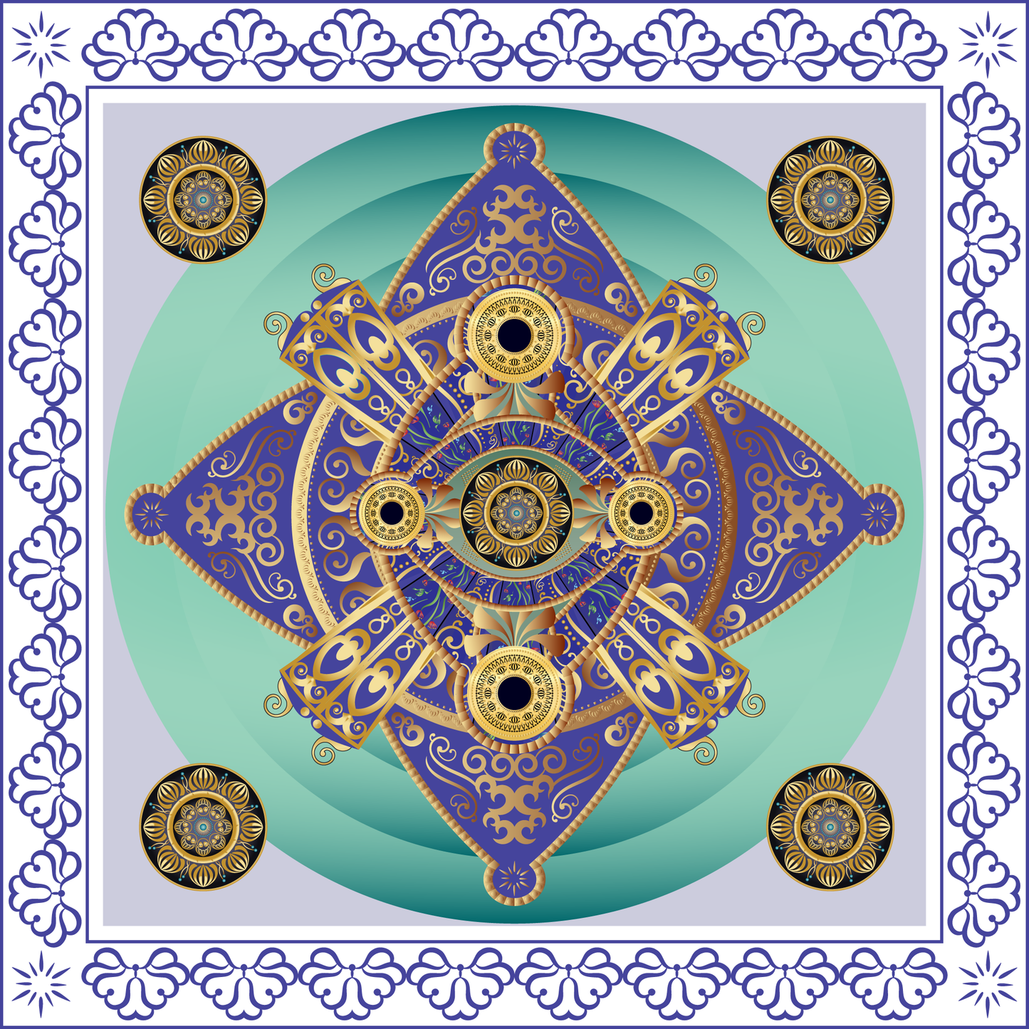 100% Silk Charmeuse Square Scarf Mandala Blue and Aqua No 2