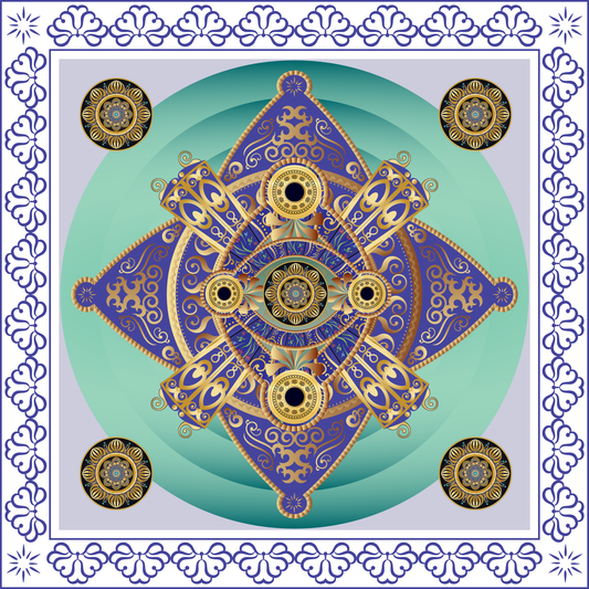 100% Silk Charmeuse Square Scarf Mandala Blue and Aqua No 2