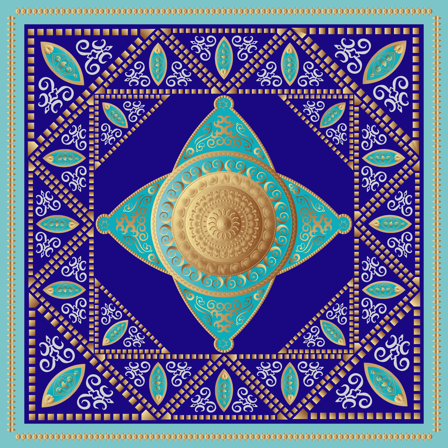 100% Silk Charmeuse Square Scarf Mandala Blue and Aqua
