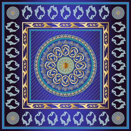 100% Silk Charmeuse Square Scarf Mandala in Blue