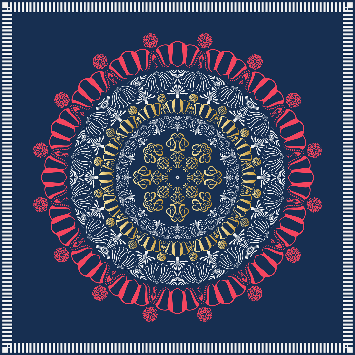 100% Silk Charmeuse Square Scarf Mandala on Blue