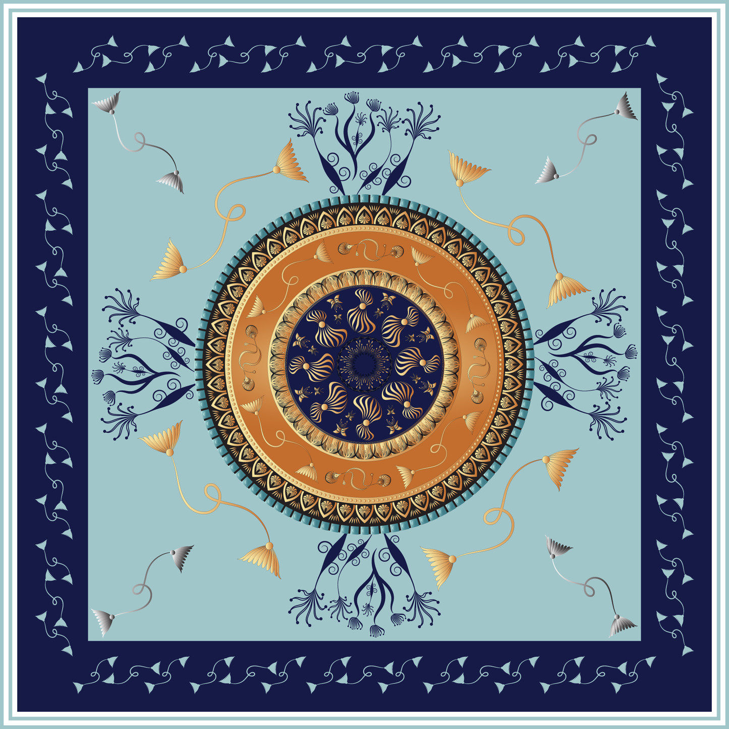 100% Silk Charmeuse Square Scarf Modern Mandala No 3