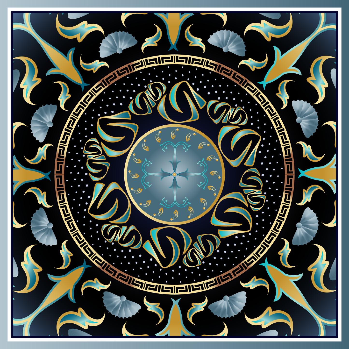 100% Silk Charmeuse Square Scarf Modern Mandala Aqua Gold No 5