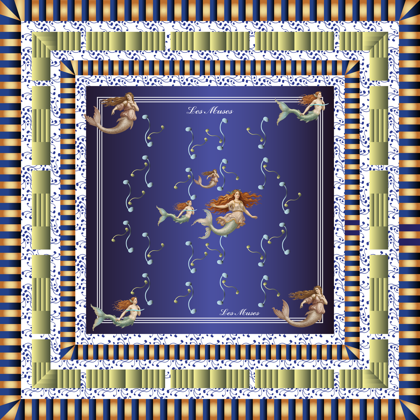 100% Silk Charmeuse Square Scarf Portrait of a Mermaid on Blue