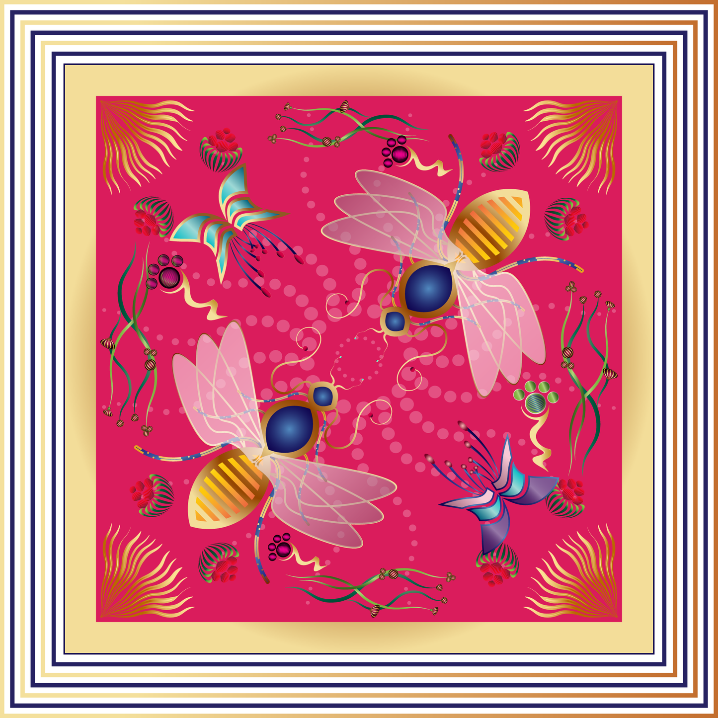 100% Silk Charmeuse Square Scarf The Golden Bees No1