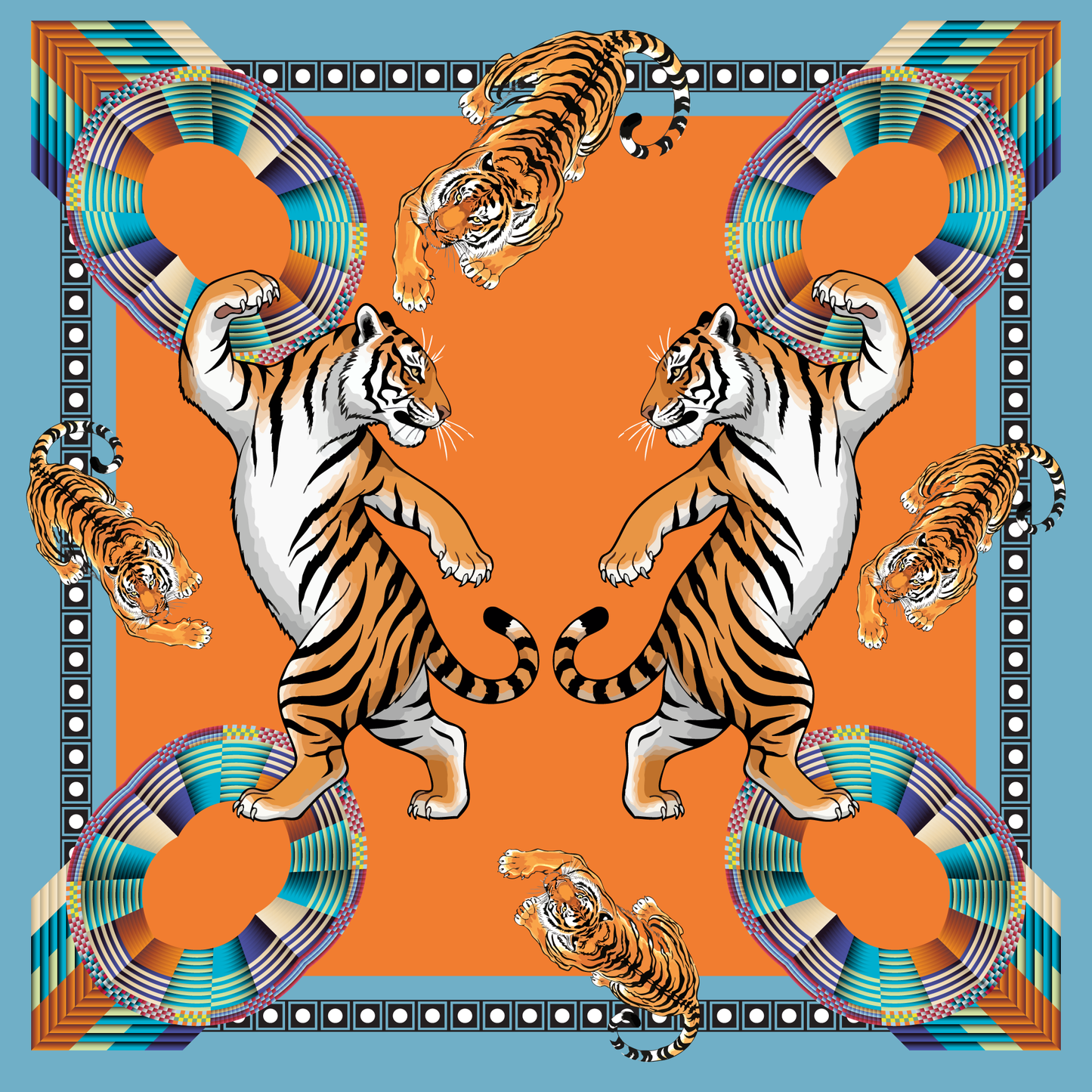 100% Silk Charmeuse Square Scarf  Two Dancing Tigers