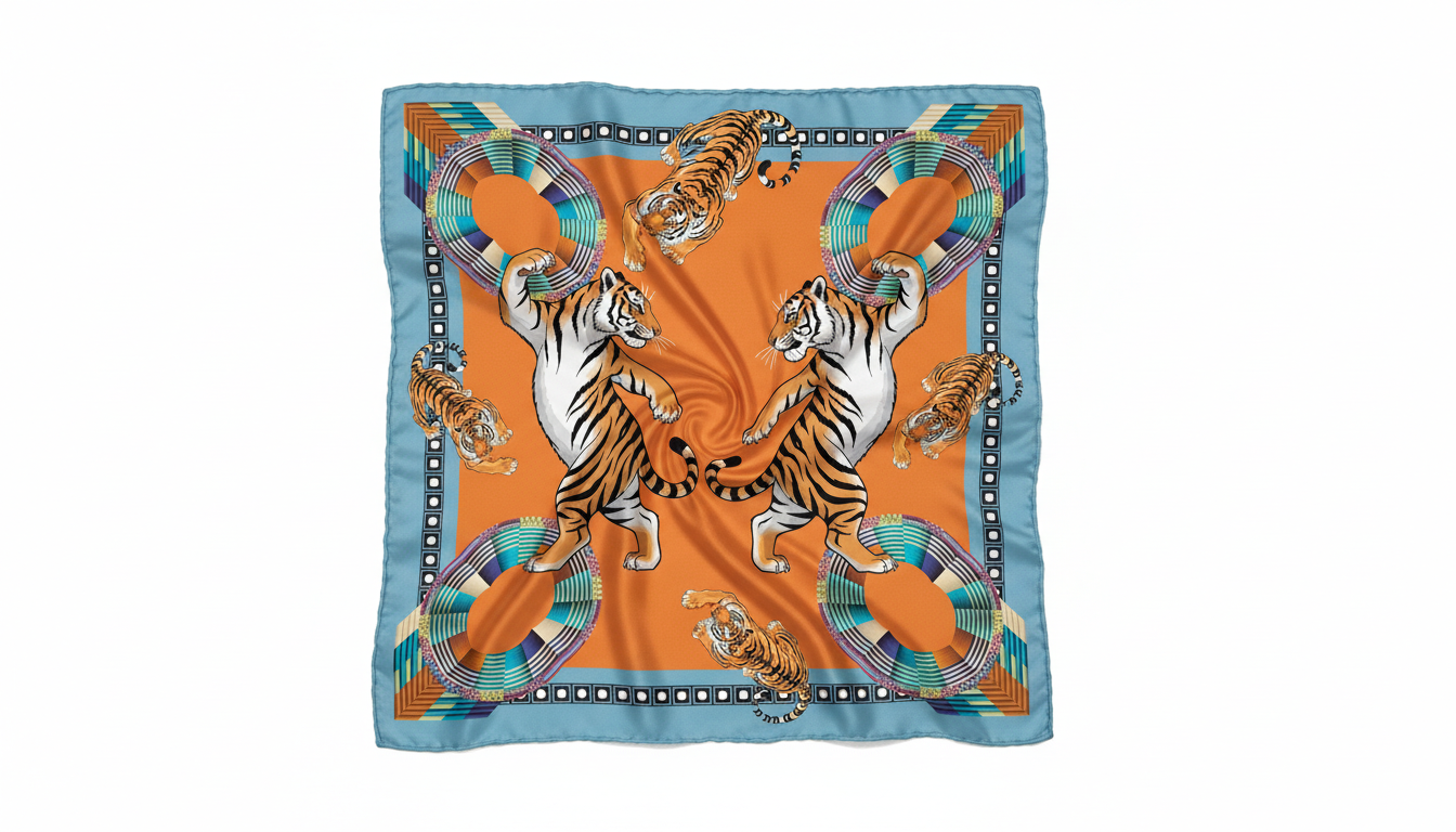 100% Silk Charmeuse Square Scarf  Two Dancing Tigers