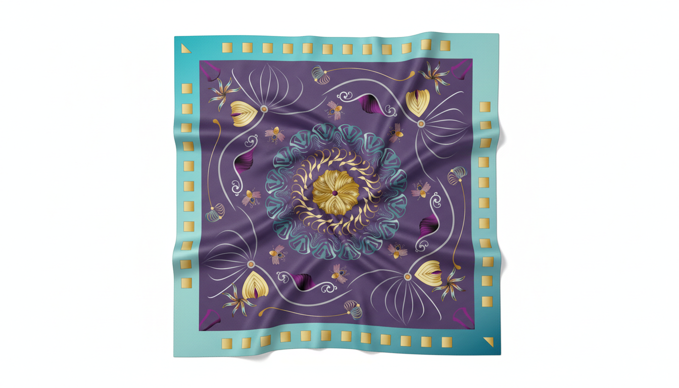 100% Silk Charmeuse Square Scarf Busy Bee Violet Mandala