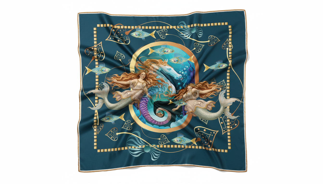 100% Silk Charmeuse Square Scarf Mermaids and Friends