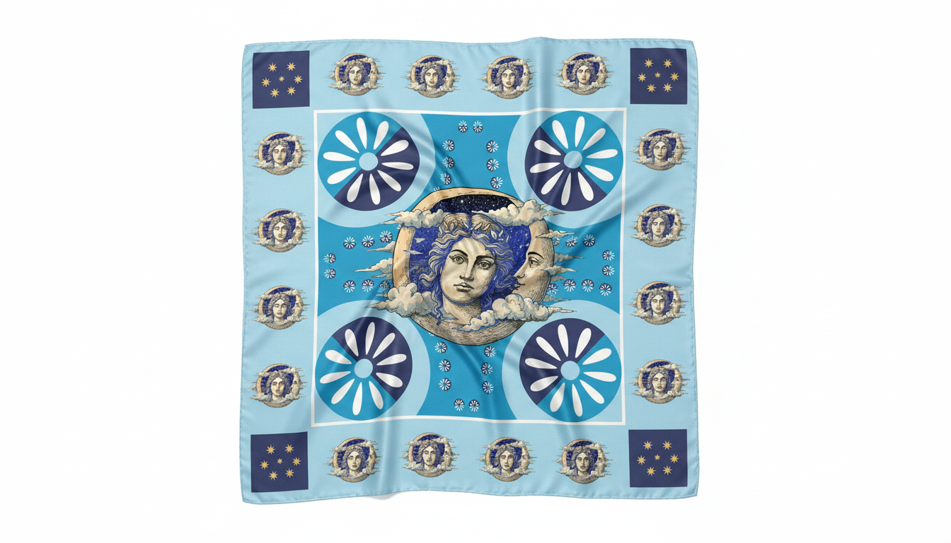100% Silk Charmeuse Square Scarf Crescent Moon in Blue