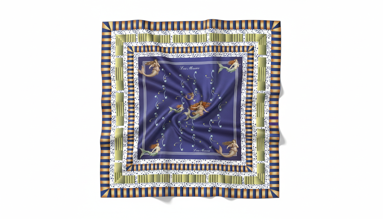 100% Silk Charmeuse Square Scarf Portrait of a Mermaid on Blue