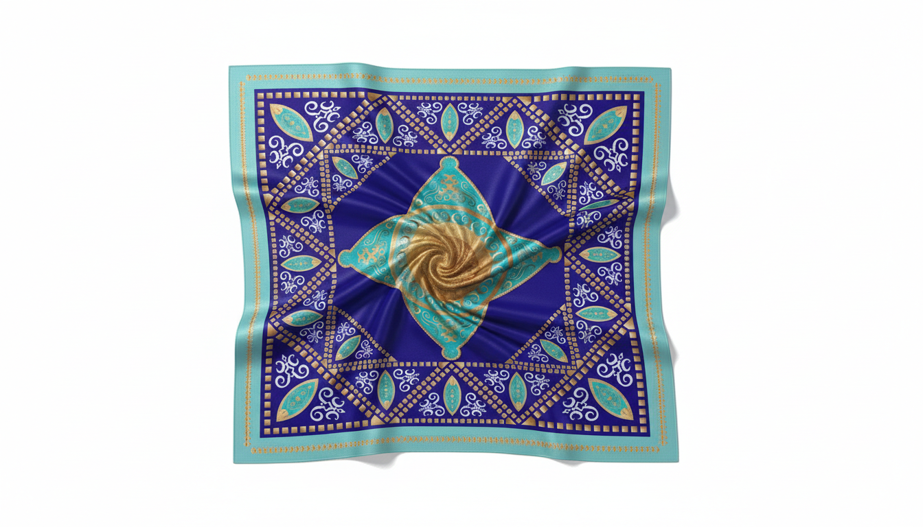 100% Silk Charmeuse Square Scarf Mandala Blue and Aqua