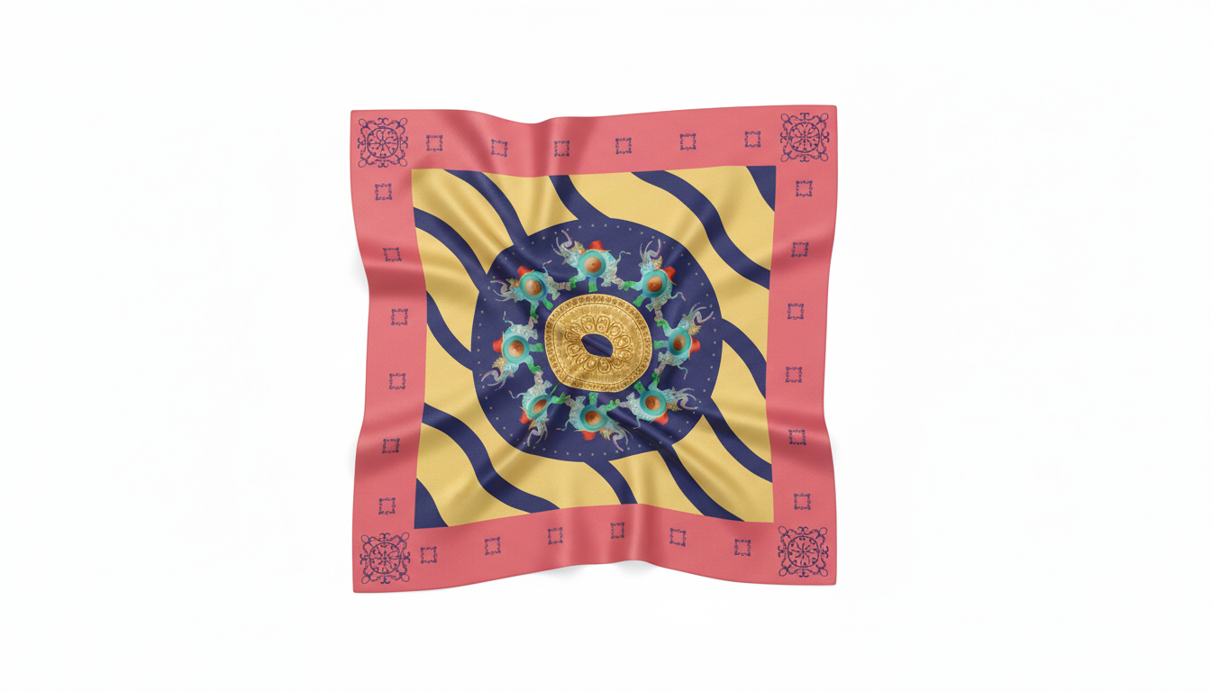 100% Silk Charmeuse Square Scarf Ganesha Gold Aqua Blue Mandala No 2