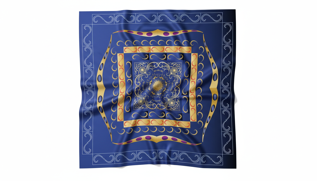 100% Silk Charmeuse Square Scarf Modern Mandala Blue Gold No 8